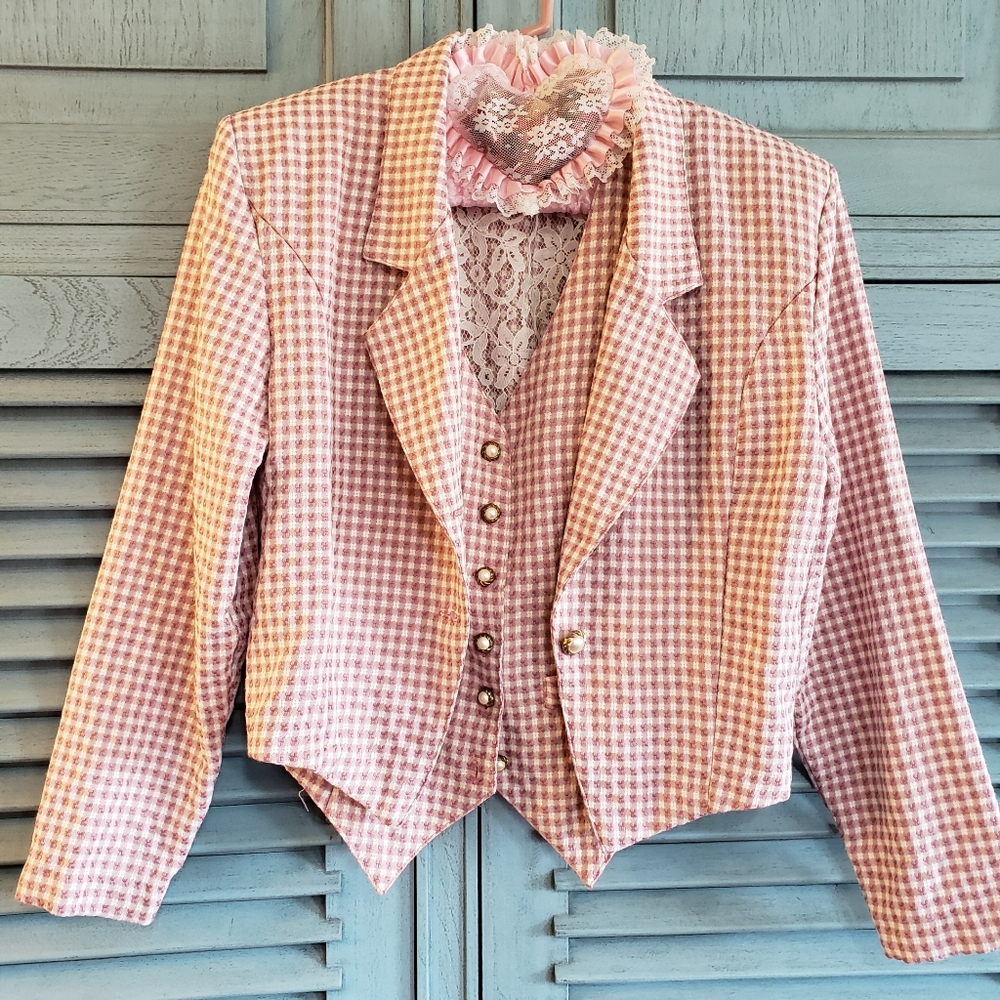 💞By Choice Junior's Short Jacket & Vest, pink plaid, size Junior's M vintage